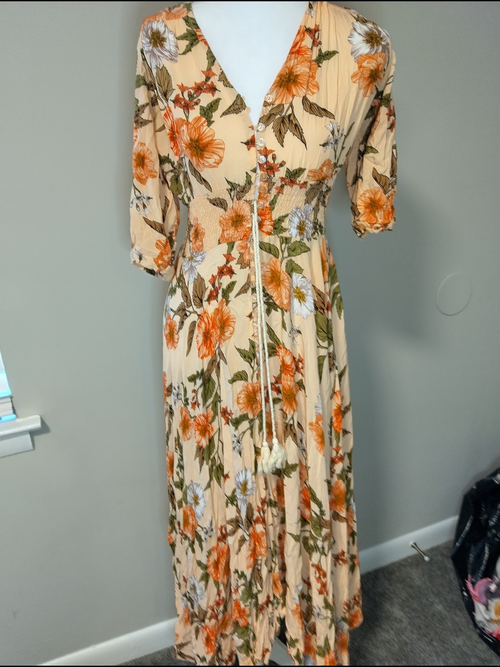 Jaase Indiana Boho Peach Floral Maxi Dress with Orange and Green Print